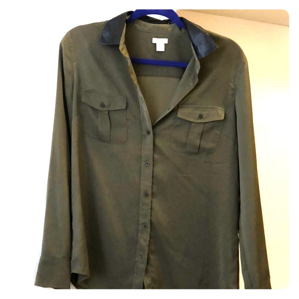 JCrew army green silk button down & leather collar